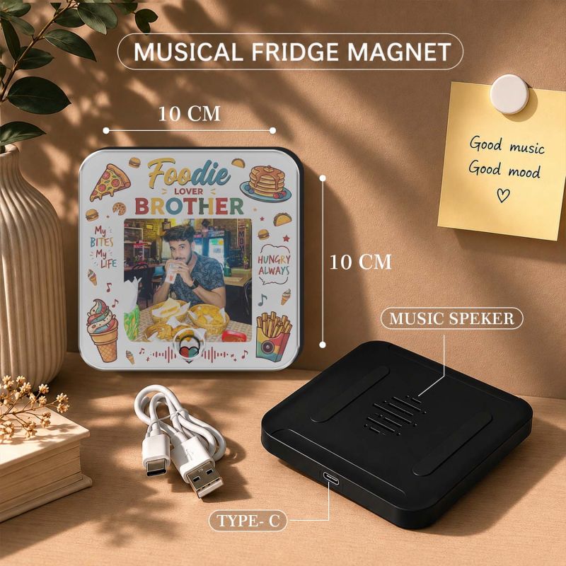 Personalized Foodie Lover Brother Musical Fridge Magnet Modern Gifting Item | Rechargeable Sound Magnet Funny Gift for Bhai Food Lover Bhai Gift for Food Enthusiast